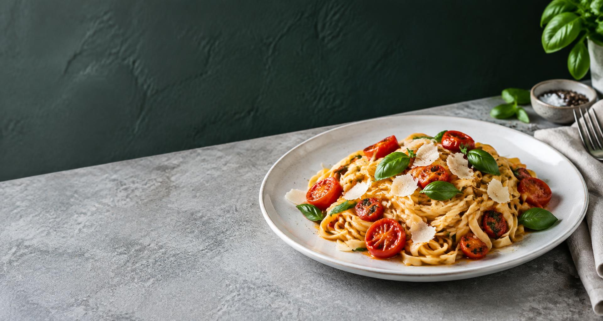 Frische Tagliatelle mit gerösteten Paradeisern, Basilikum und Parmesan auf einem weißen Teller